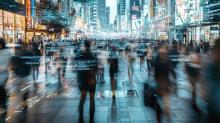 A crowded smart city plaza with biometric security systems in place, being hacked by invisible attackers. Data streams flow into their devices as people pass by unaware.
