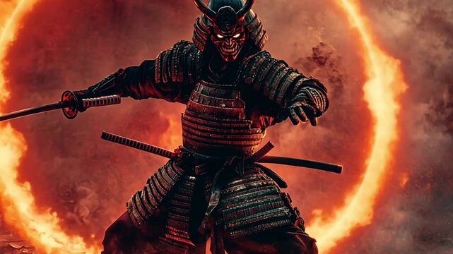 samurai ninja with fire sword, Samurai warrior with katana sword, samurai holding samurai sword, footage, 4k footage, videos, video clip, slow motion, video wallpaper, animation, 4k, short video
