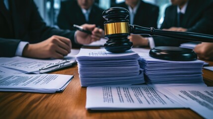 Courtroom Scene with Legal Documents and Gavel