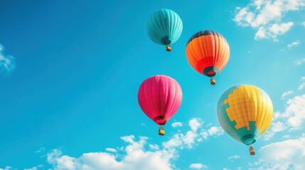 A vibrant group of hot air balloons ascends into a clear blue sky, creating a joyful spectacle on a sunny day. Generative AI