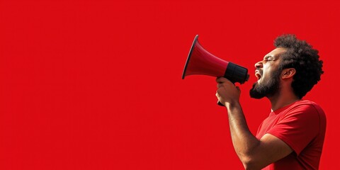 A dynamic image of a person energetically shouting into a red megaphone, set against a striking red background, symbolizing communication and activism.