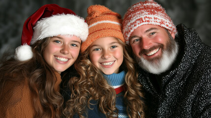 joyful family portrait captures warmth of holiday season, featuring three smiling individuals wearing festive hats and cozy sweaters. Their cheerful expressions radiate happiness and togetherness