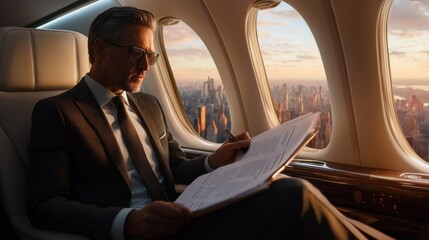 A global corporate leader inside a private jet, reviewing important documents while flying over an urban cityscape, portraying luxury and professional determination