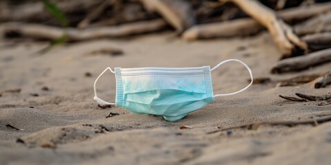 A single blue surgical face mask carelessly left on a sandy beach, highlighting environmental impact and pollution in natural settings.