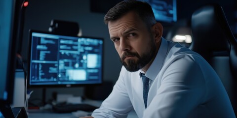 Fototapeta premium A man in a sophisticated office environment concentrating intently on multiple computer screens displaying complex data, representing focus and technology.