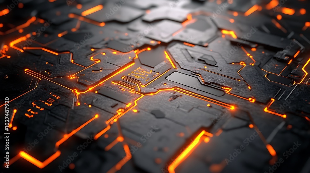 Poster abstract futuristic circuit board with glowing orange lines.
