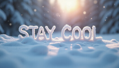 Close-up of STAY COOL written in the snow with a winter landscape in the background, featuring snow-covered trees and sunlight.