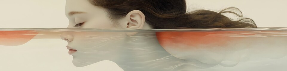 Panoramic banner with ethereal Young woman holding her breath with her face half submerged in water, her hair floating on the surface; dreamlike atmosphere for spa header; underwater relaxation 