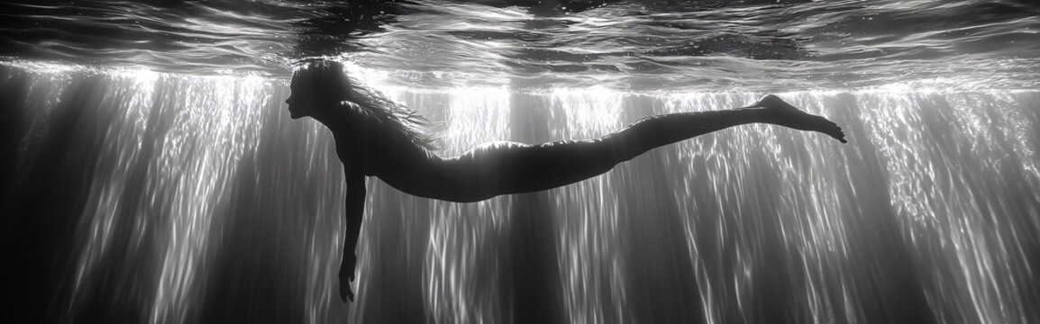 Serene black and white image captures a young woman gracefully freediving in the ocean, with sunrays gently filtering through the surface; beauty and tranquility underwater
