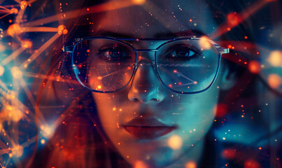 woman in glasses, who uses high technology for futuristic virtual reality and visualization