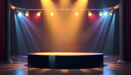 Stage illuminated by lights and surrounded by curtains on either side. In the bottom right corner of the image