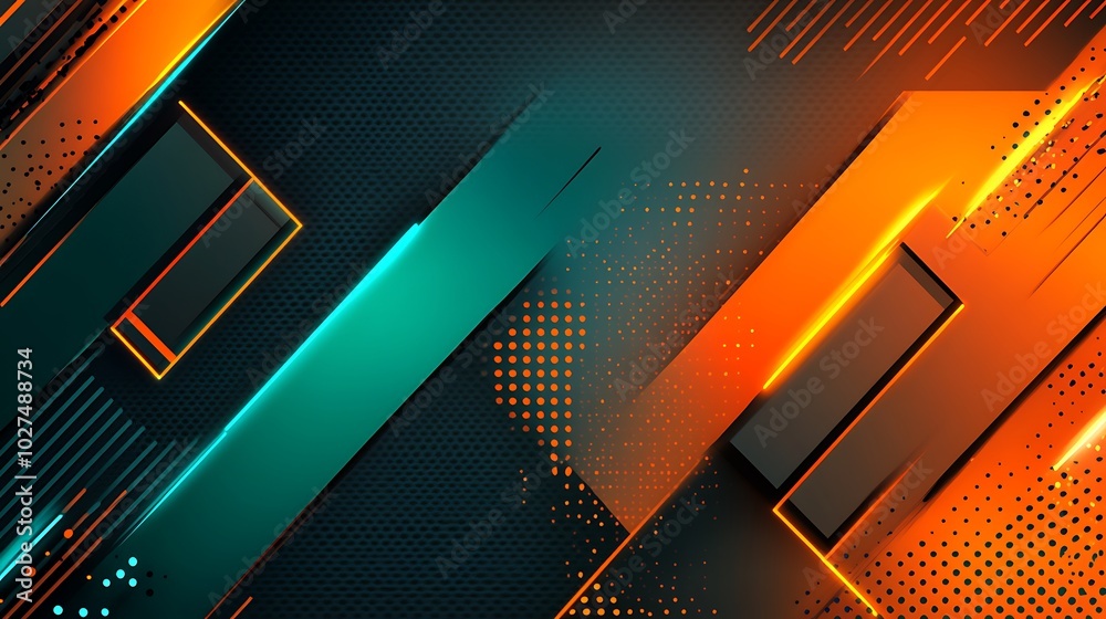 Poster abstract geometric background with glowing lines and shapes in blue and orange on dark backdrop.