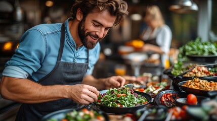 Chef with a beaming smile prepares a fresh salad in a busy restaurant kitchen, showcasing professionalism and passion in the culinary world; professional cook 