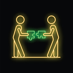 Neon sign representing two businessmen joining puzzle pieces, a great visual metaphor for teamwork and cooperation