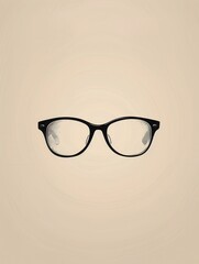 A pair of elegant black eyeglasses rests centrally on a muted beige background, highlighting their sleek silhouette and clear lenses. Generative AI