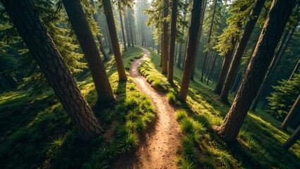 Fototapeta premium Aerial view of hiking trail in pine forest with sunlight filtering through