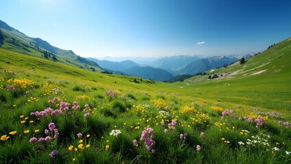 Vibrant wildflowers in alpine meadow under blue sky