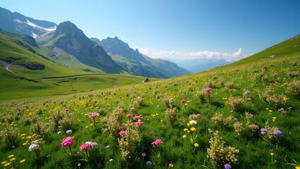 Vibrant wildflowers in alpine meadow under blue sky