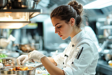 A woman chef is preparing food in a kitchen