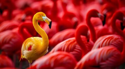 Obraz premium Unique Yellow Flamingo Standing Among Red Flock