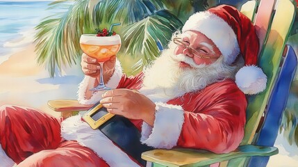 Obraz premium Illustrate Santa savoring a cocktail, kicking back on a vibrant tropical beach chair, a playful and festive scene in vibrant watercolors