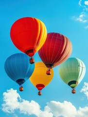 Naklejka premium Brightly colored balloons float freely against a clear blue sky, showcasing their vivid hues on a sunny day. Generative AI