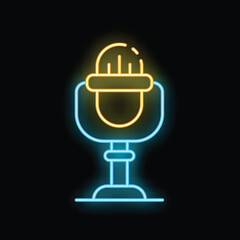 Neon sign representing a vintage microphone on a stand, perfect for illustrating concepts like podcasting, radio broadcasting, or audio recording