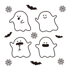 A cute Halloween concept illustration set of ghost characters with various expressions. There are bats and spider webs in the background.