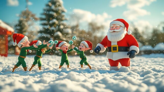 Illustrate mischievous elves engaged in a snowball fight, Santa watching sternly CG 3D, vibrant colors