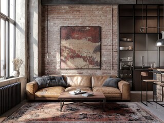 露出レンガと革のソファが映えるインダストリアルリビングルーム | Industrial Living Room with Exposed Brick and Leather Sofa
