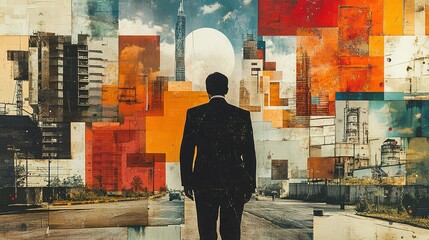 A Man in a Suit Standing in a Cityscape Composed of Collage Art