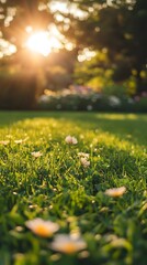 Fototapeta premium Close-up of a lush green lawn with white flowers scattered across it, bathed in the warm glow of the setting sun, with the background blurred and out of focus.