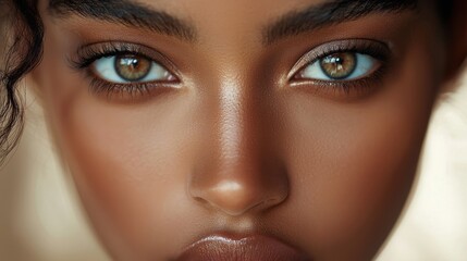 Fototapeta premium Close-up beauty photography: Soft-focus shot of a model face, with perfect lighting and sharp detail in the eyes and lips, showcasing high-end beauty photography