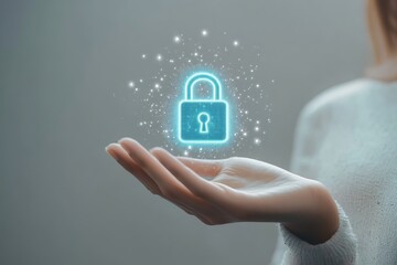 Businesswoman hand showing digital padlock icon symbol