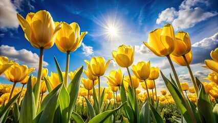 Obraz premium Composition of yellow tulip flowers in spring, viewed from below with a sunny sky