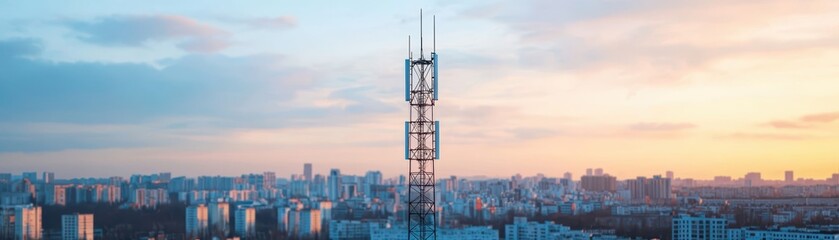 Urban skyline at sunset with a prominent communication tower against a colorful sky.