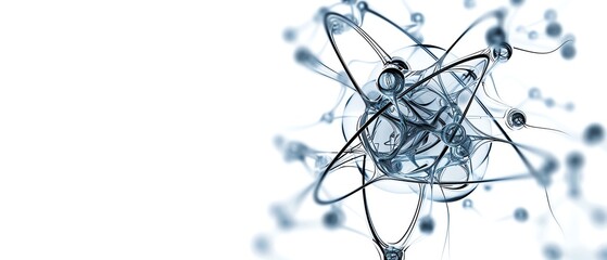 An atom with glowing electrons, futuristic wireframe style, isolated on white background
