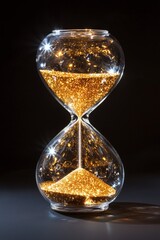 A clear glass hourglass with golden sand, against a dark background. 