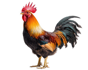 Fototapeta premium Colorful rooster with vibrant feathers, standing proudly against a white isolated background.