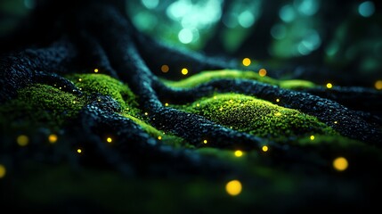 A mystical forest path illuminated by glowing fireflies, ancient trees with gnarled roots twisting through the fog