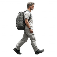 Man walking alone down a city street, looking ahead with neutral expression.