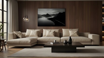 A modern living room with a large black and white photo of a lake and mountains hanging above a sectional sofa and coffee table.