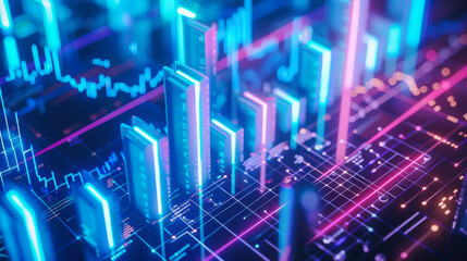 Digital waveforms illuminate a futuristic city at night with vibrant blue and pink lights