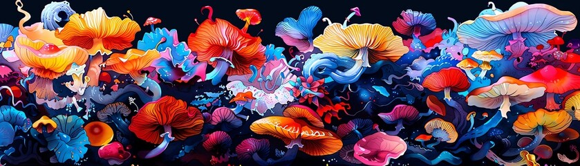 Surreal dream-like forest with giant mushrooms, glowing bioluminescent plants, fantasy creatures roaming, vibrant colors, psychedelic, watercolor,