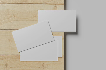 Realistic blank business card on wooden board for mockup