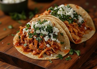 Delicious pulled chicken tacos topped with fresh herbs and cheese on wooden board