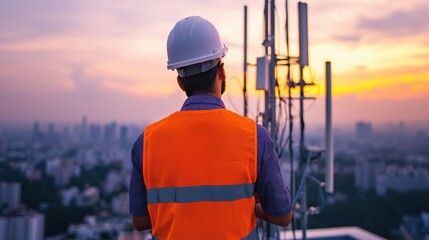 A technician working on a telecom antenna during sunset in an urban landscape.