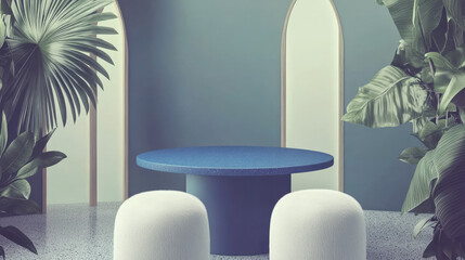 Blue Table and White Stools in a Light-Filled Minimalist Interior