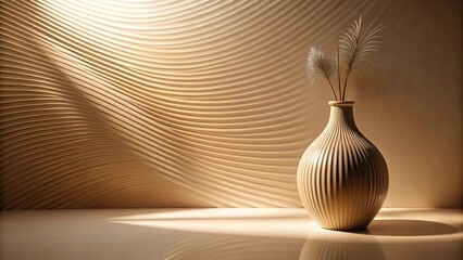 Contemporary beige space with vase and dynamic light patterns extreme close-up