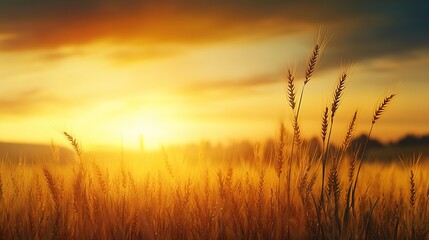 Fototapeta premium Golden Sunrise Over Wheat Field Landscape Photography